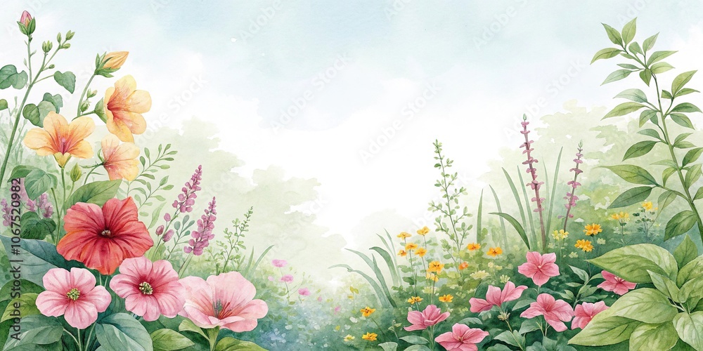 Obraz premium Watercolor background of a blooming garden with flowers and leaves, colorful flowers, blooming garden, watercolor painting, leafy branches, flower arrangement