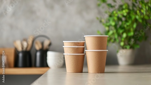 Stacked eco-friendly cups on modern kitchen counter