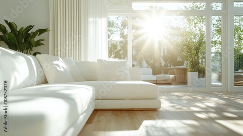 A spacious and modern seating area accentuated by a large window letting in abundant sunlight, with lush plants, creating a serene and calming ambiance. photo