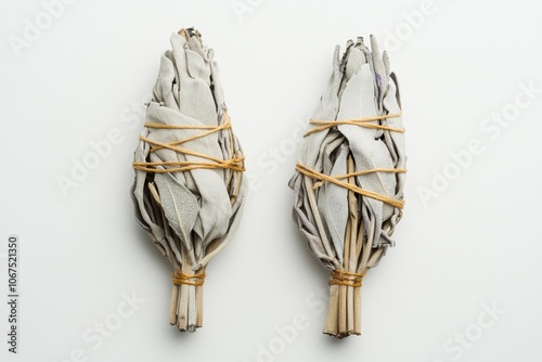 White sage smudge sticks for spiritual use isolated on a white background from two angles top view photo