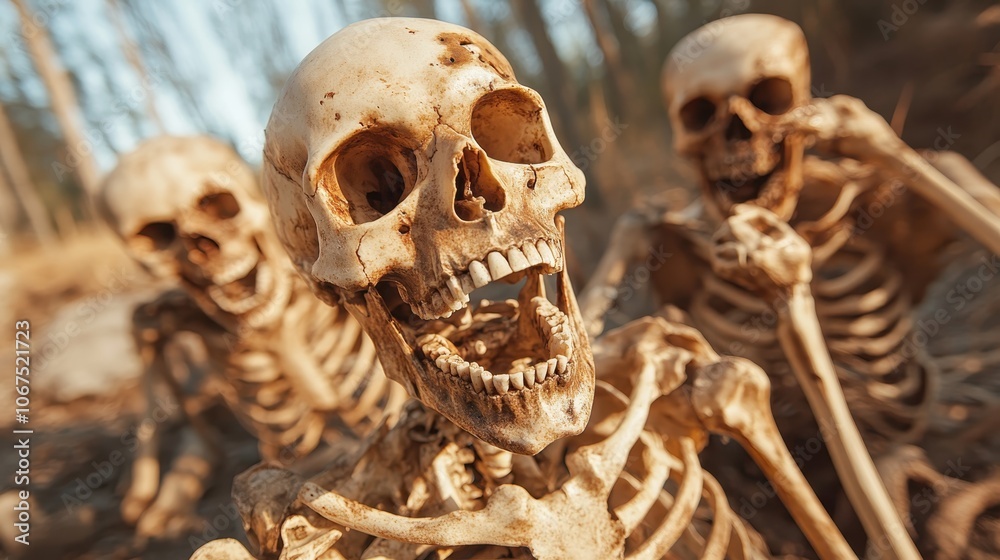 In a natural outdoor setting, three skeletons appear animated as they bask in daylight, presenting a stark contrast between life and death elements within nature. In a natural outdoor setting, three skeletons appear animated as they bask in daylight, presenting a stark contrast between life and death elements within nature.