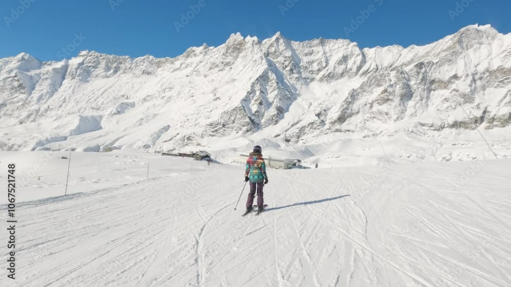 Slow Motion of Woman Skier Ski on Slope with Snowy Alps Mountain View Slow Motion of Woman Skier Ski on Slope with Snowy Alps Mountain View
