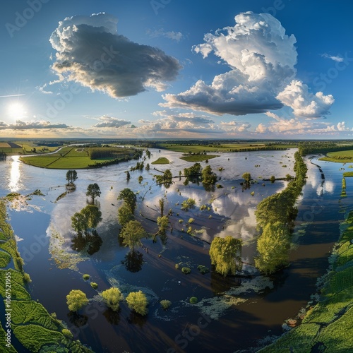 Aerial panorama of river IJssel with flooded floodplains with hawthorn during a period of high water in the summer, Duursche Waarden, Olst, Overijssel, The Netherlands - photo