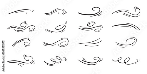 Doodle wind line sketch set. Hand drawn doodle wind air blow, swirl elements.