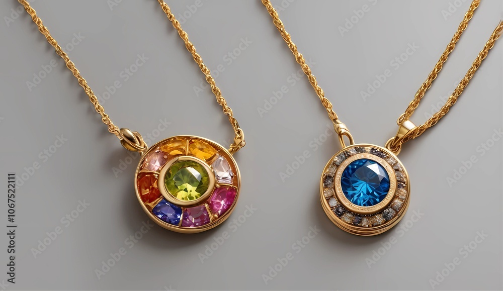 Gold Pendant Necklaces with Colorful Gemstones and Blue Crystal Centerpieces Gold Pendant Necklaces with Colorful Gemstones and Blue Crystal Centerpieces