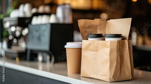 Coffee takeout on cafe counter with espresso machine background.