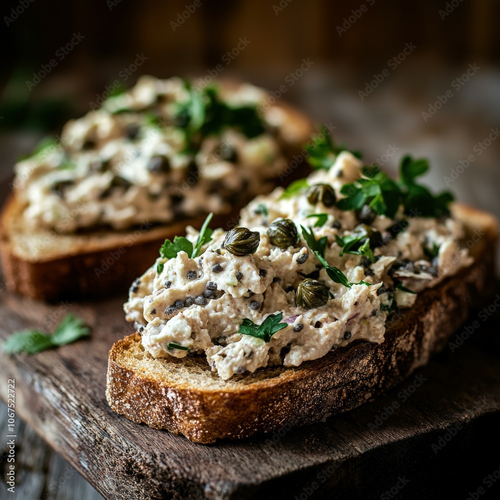 Tasty open-faced sandwiches with creamy spread on a board Tasty open-faced sandwiches with creamy spread on a board