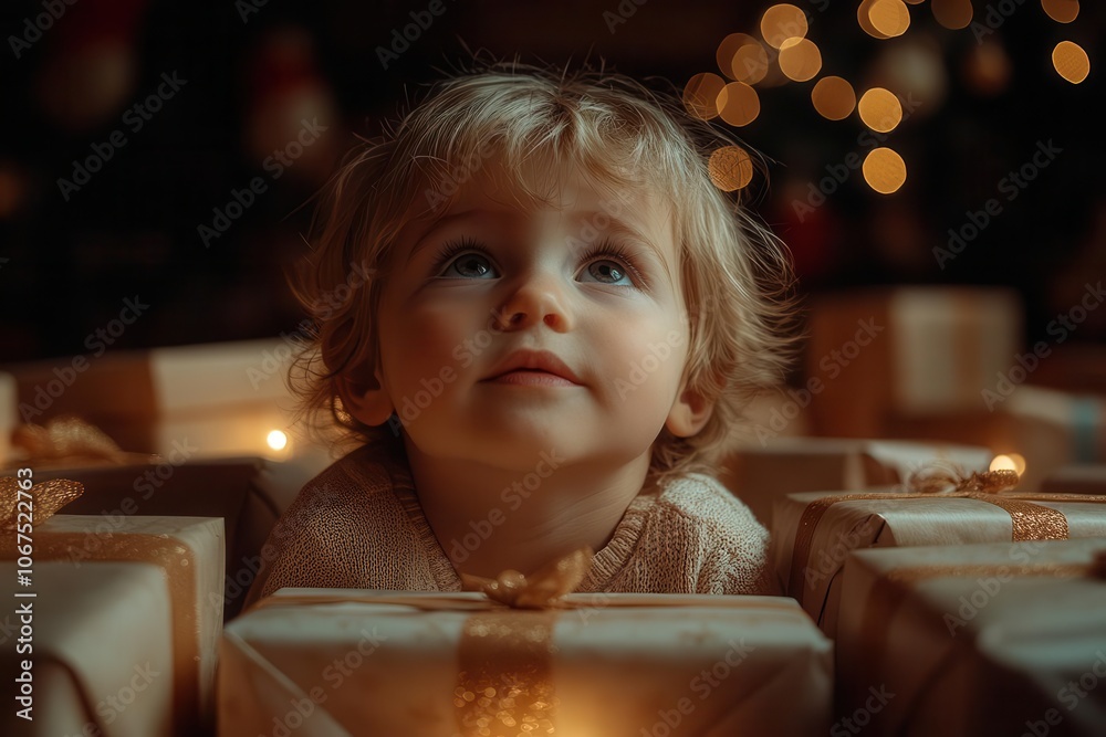 young child eagerly anticipating the joy of christmas surrounded by presents on christmas eve soft warm lighting creates a magical atmosphere filled with wonder and excitement