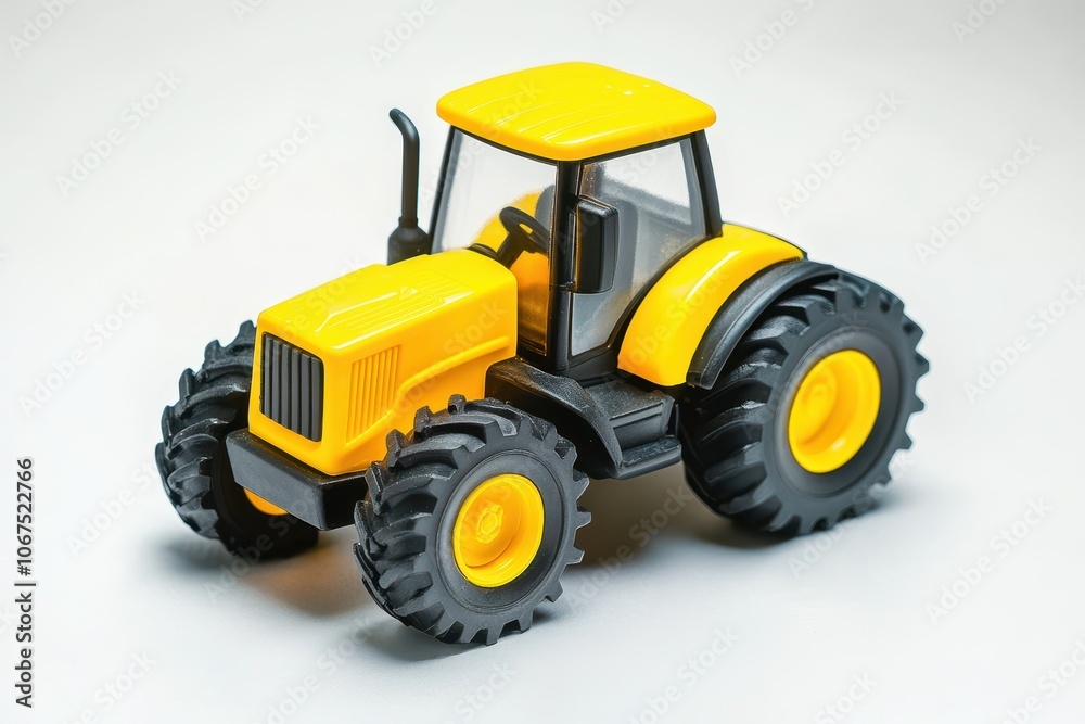 Obraz premium Yellow plastic tractor toy for kids on a white background