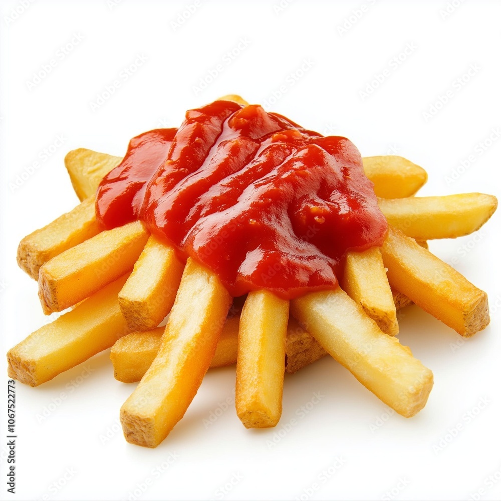 Delicious French fries covered with tomato sauce isolated on white background