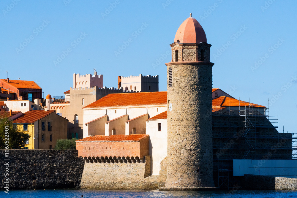tower medieval stone old watchtower sea Collioure tower medieval stone old watchtower sea Collioure