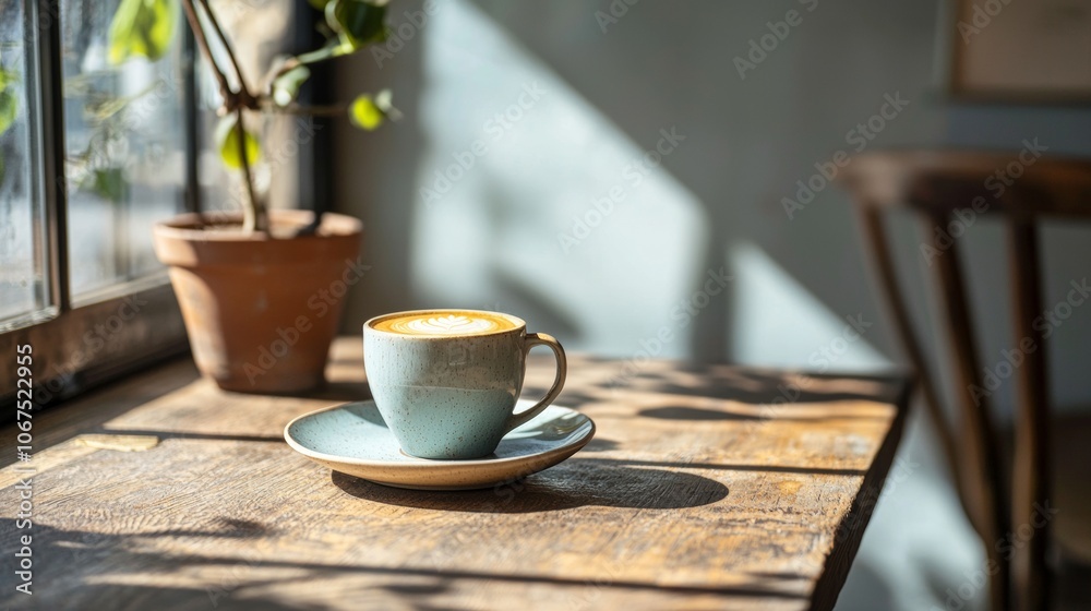 Cozy Latte on Wooden Table by Sunlit Window Cozy Latte on Wooden Table by Sunlit Window
