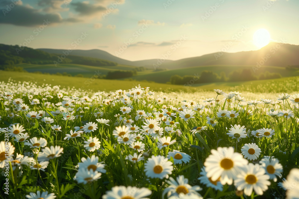 Fototapeta premium A breathtaking springtime landscape featuring a lush field of white daisies under a golden sunset with rolling green hills in the background