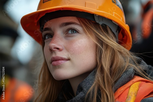 young female construction worker in hard hat and safety gear confidently surveying her construction site representing the empowerment and diversity in the construction industry photo