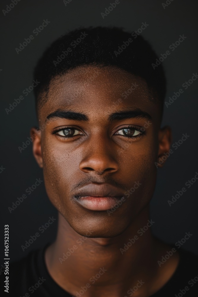 Obraz premium Intense Portrait of a Young Man with Dramatic Lighting Against Dark Gray Background