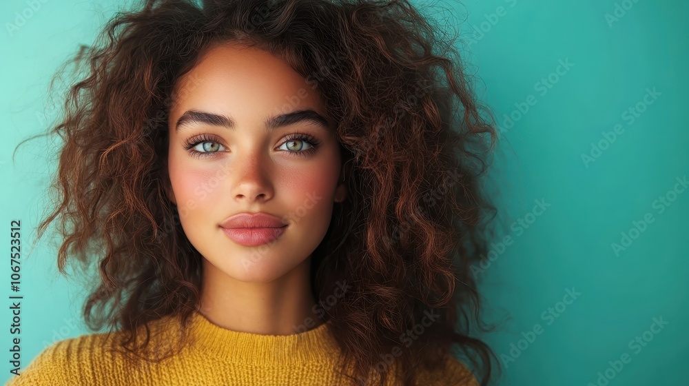 A serene woman with dark curly hair, wearing a yellow sweater, gazes softly into the camera against a teal background, evoking calm and introspection. A serene woman with dark curly hair, wearing a yellow sweater, gazes softly into the camera against a teal background, evoking calm and introspection.