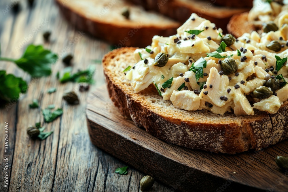 Delicious chicken salad on toasted bread with fresh herbs and capers Delicious chicken salad on toasted bread with fresh herbs and capers