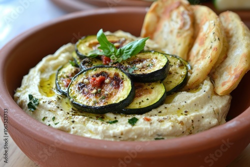 Zucchini salad with baba ghanoush yogurt photo