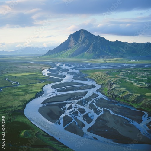 Aerial view of a river estuary crossing the valley with mountain in background, Kirkjubaejarklaustur, Southern Region, Iceland.  photo