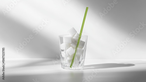 Sugar cubes are piled in a glass with a green straw, representing excessive sugar intake and its health implications, promoting awareness of sugar consumption and its alternatives photo