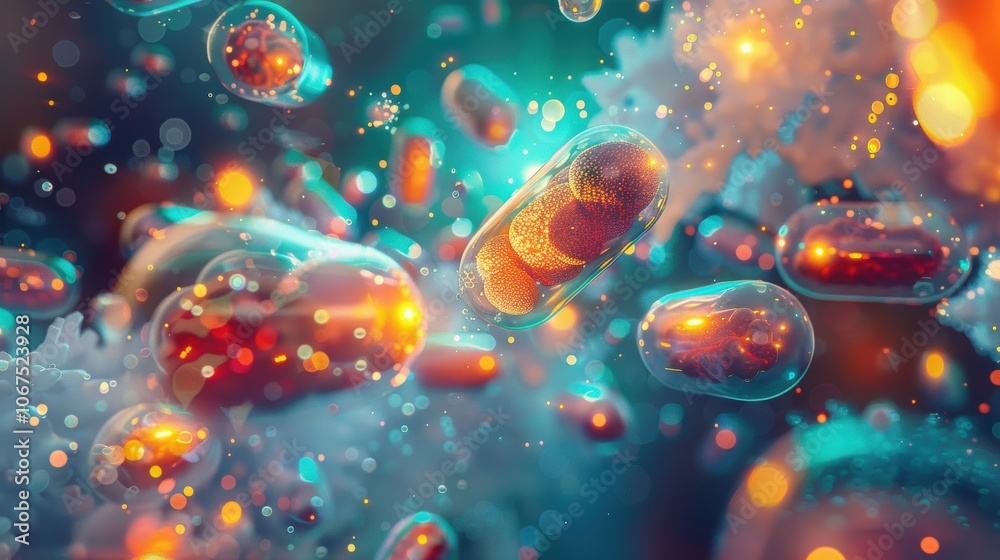 Futuristic Visualization of Vitamin Pill Dissolving with Nutrient Absorption and Glowing Effects Futuristic Visualization of Vitamin Pill Dissolving with Nutrient Absorption and Glowing Effects
