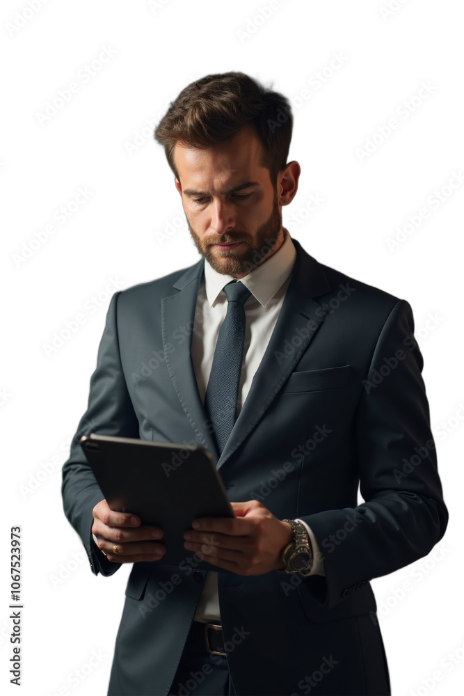 Professional man in a suit reading on a tablet against an isolated white background during a formal business engagement Professional man in a suit reading on a tablet against an isolated white background during a formal business engagement