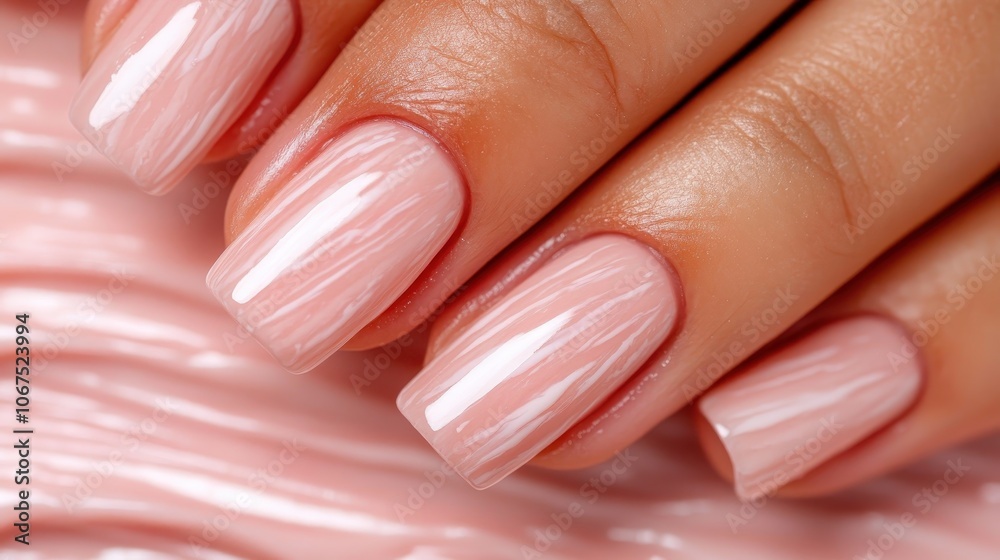 A close-up image of a hand showcasing beautifully manicured nails with a glossy, light pink finish, capturing the elegance and precision of professional nail artistry. A close-up image of a hand showcasing beautifully manicured nails with a glossy, light pink finish, capturing the elegance and precision of professional nail artistry.