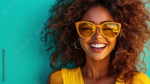 A woman joyfully smiles while wearing vibrant yellow sunglasses with a colorful backdrop, capturing a lively and exuberant spirit in a sunny atmosphere.