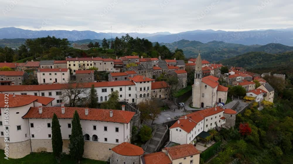 A town of Štanjel, built on the hill from above, Slovenia, Kras region, aerial footage, drone video