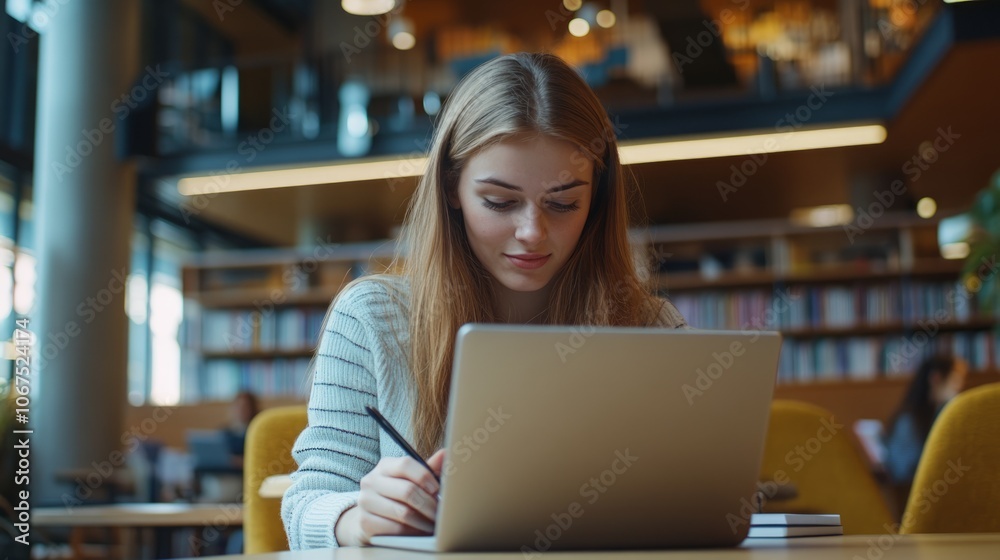 Young Woman Studying with a Laptop in a Modern Library Young Woman Studying with a Laptop in a Modern Library