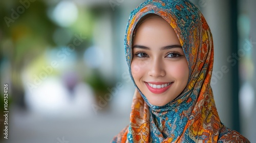 young malay muslim woman in a vibrant hijab smiling warmly against a soft blurred background showcasing cultural pride and confidence illuminating her joyful spirit and positivity