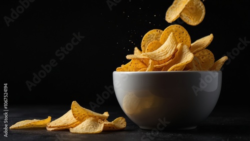 Potato chips falling into white bowl on dark background