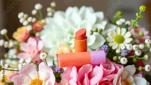 A single colorful lip balm stick sitting on a floral arrangement with flowers and other decorative items, purple, lip care