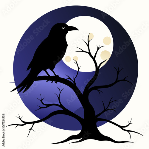 A black bird perched on top of a tree branch in front of moon vector illustration