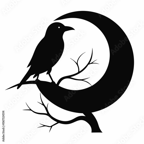 A black bird perched on top of a tree branch in front of moon vector illustration