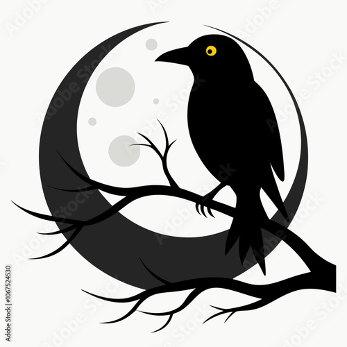 A black bird perched on top of a tree branch in front of moon vector illustration