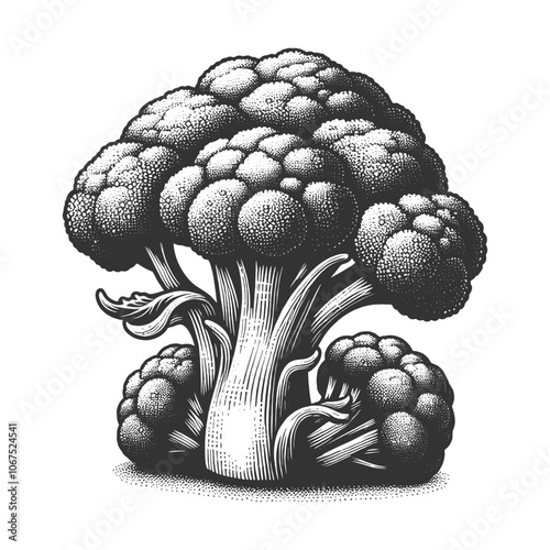 broccoli head, detailed botanical illustration with intricate texture and shading on white sketch engraving generative ai vector illustration. Scratch board imitation. Black and white image.