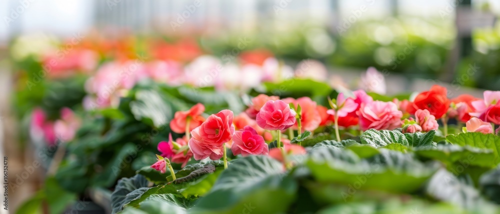 Exquisite Begonias: Pristine Flowers Await Export in Greenhouse