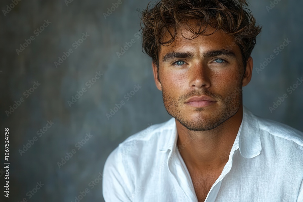 young man in a crisp white shirt posing confidently in front of a textured gray background that emphasizes his features and style radiating charisma and confidence