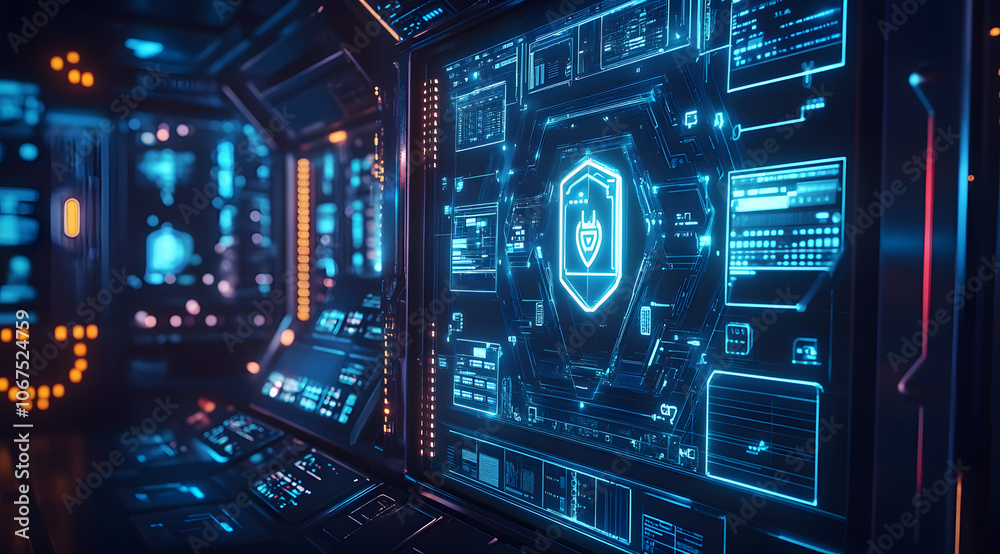 Futuristic interface with advanced network security protocols and digital protection Futuristic interface with advanced network security protocols and digital protection
