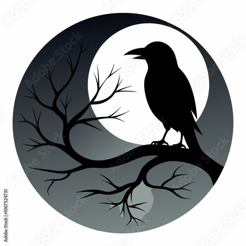 A black bird perched on top of a tree branch in front of moon vector illustration