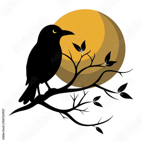 A black bird perched on top of a tree branch in front of moon vector illustration