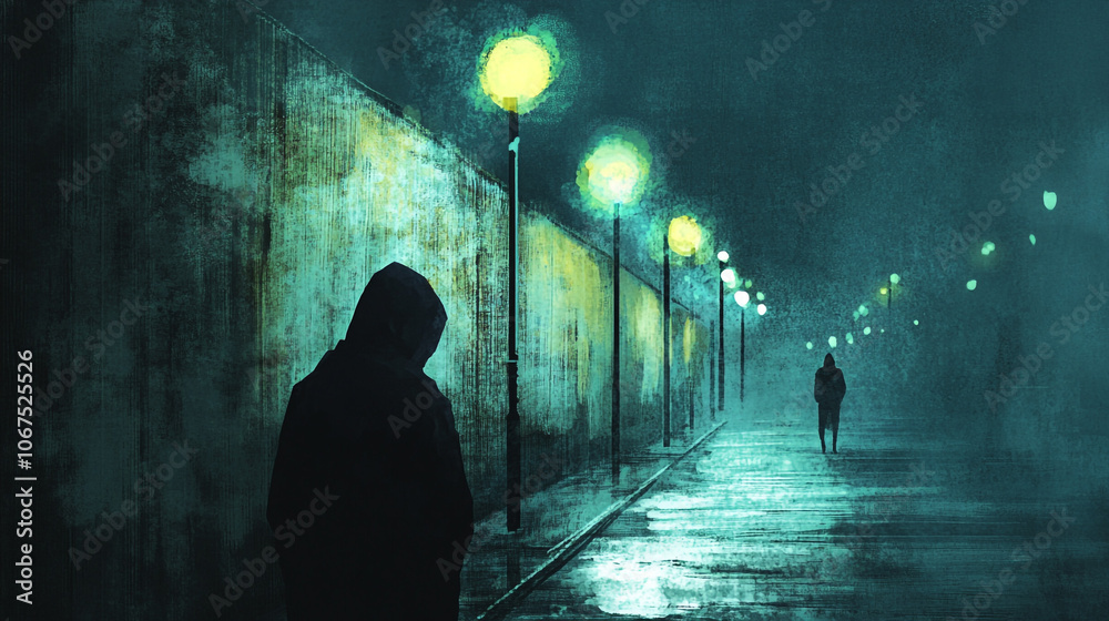 Mysterious Silhouette Walking Alone in a Dark City Street at Night Mysterious Silhouette Walking Alone in a Dark City Street at Night