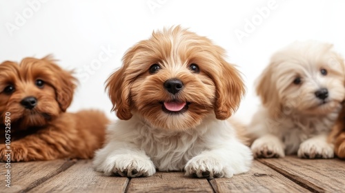 Three adorable fluffy puppies resting closely together on a wooden floor, showcasing their cuteness and innocence, representing warmth and friendship.