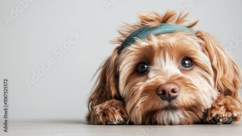 A cute dog with a fluffy coat lies down with a curious expression, wearing a stylish headband, against a neutral background, creating a charming and tranquil scene. photo