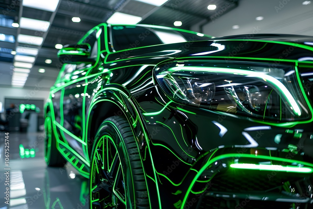 Futuristic Black SUV with Neon Green Accents in a Modern Showroom Futuristic Black SUV with Neon Green Accents in a Modern Showroom