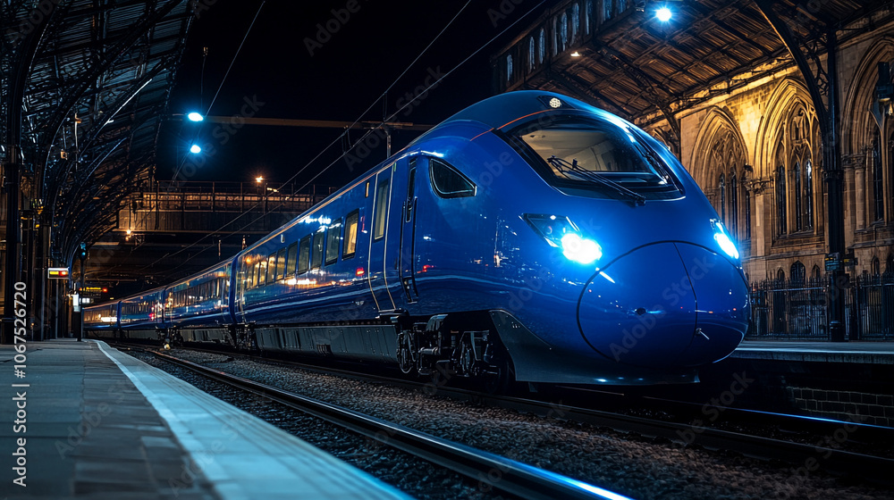 Modern Blue Train at Night Station Platform Modern Blue Train at Night Station Platform