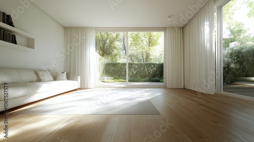 A minimalist, bright room highlights a sleek white sofa on a polished wooden floor with large sliding glass doors opening to a vibrant garden in daylight. photo