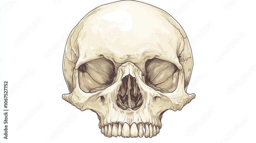 Fototapeta premium Human skull in high detail, isolated on white, all bone structures visible, scientific and medical illustration