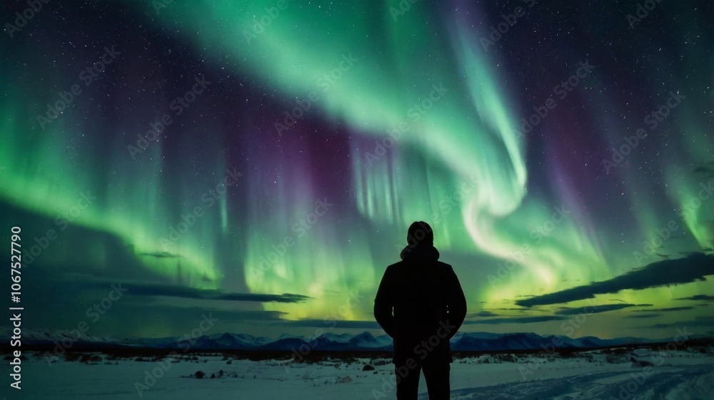 Fototapeta premium Man watching stunning aurora borealis over snowy landscape at night